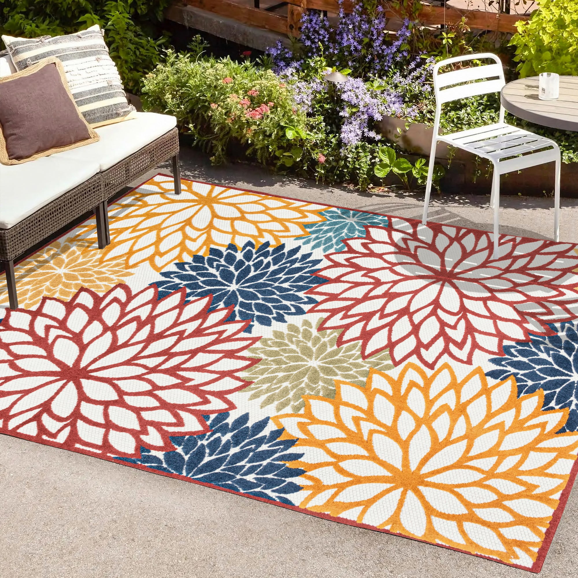 Minori Cream Red Blue Floral Synthetic Indoor Outdoor Rug