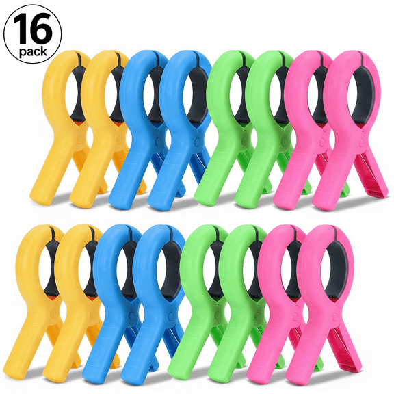 Minorsun Beach Towel Clips 5.1 inch, Plastic Towel Holder Clips Large Clothes Pins for Beach Pool Chair Laundry, 4 Colors, 16 pack