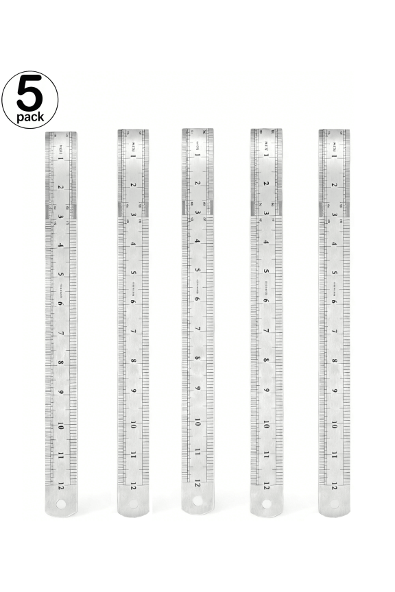 Stainless Steel Rulers 12 inch Metal Ruler with Inches and Centimeters, Straight Edge Yardstick with 8th 16th 32th 64th, 5 Count