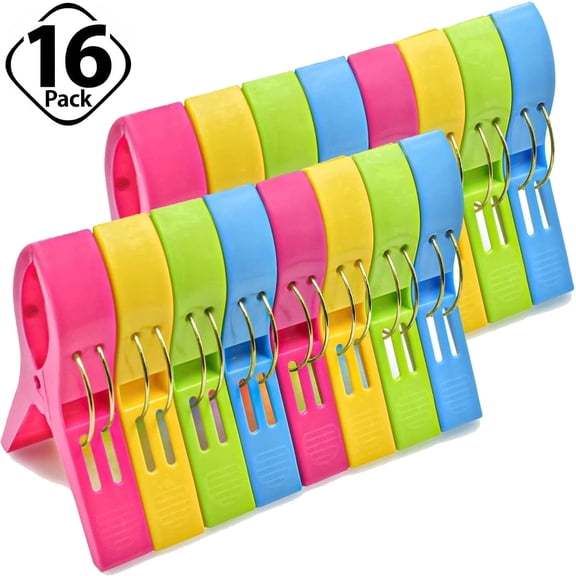 Minorsun Beach Towel Clips 16 Pack, 5 inch Large Chair Clips Towel Holder for Beach Chairs Heavy Duty Clothes Pins for Hanging Pool, 4 Colors