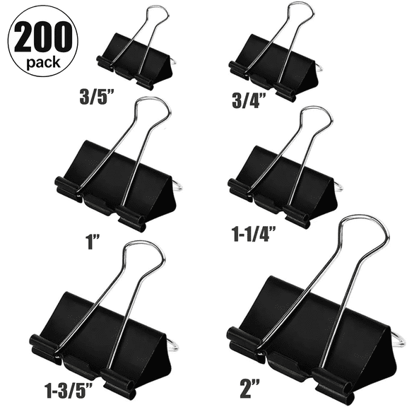Minorsun Binder Clips 200 PCS, Large Paper Clamps, Small Metal Binder Clips 6 Sizes for Office Home Supplies, Black