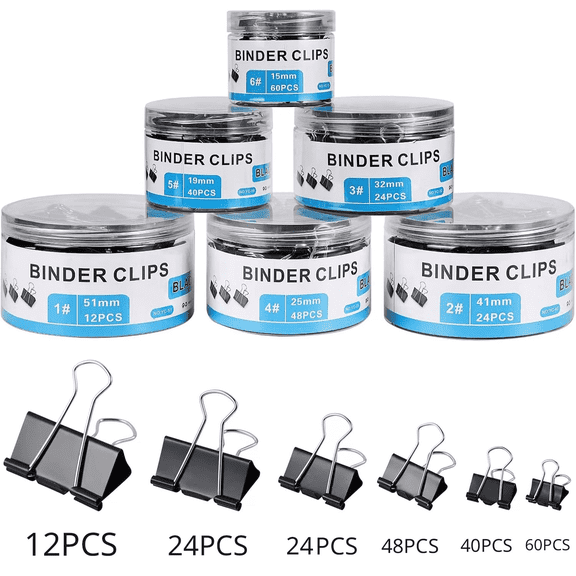 Minorsun Binder Clips 208 Count Assorted Sizes, Metal Paper Clips for Office Home, Black