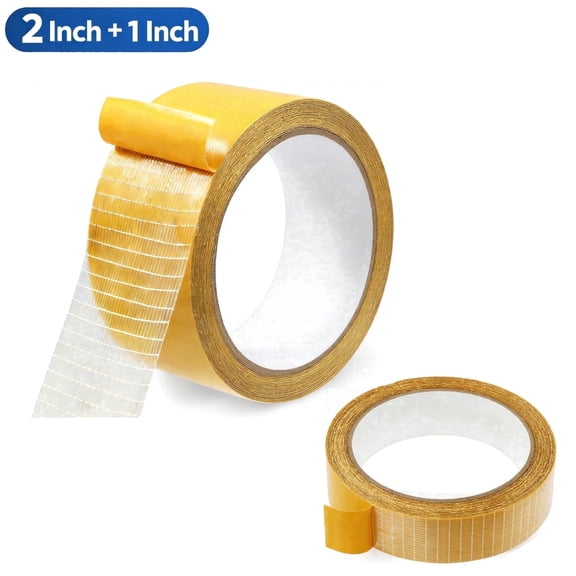Minorsun Double Sided Fabric Tape 2 Pack, Fiberglass Mesh Adhesive Tape for Carpet, Picture Frames and Home Decor, 1 in x 33 ft + 2 in x 33 ft