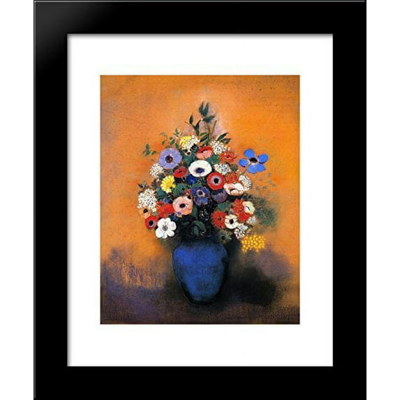 Minosas, Anemonies and Leaves in a Blue Vase 20x24 Framed Art Print by Redon,...