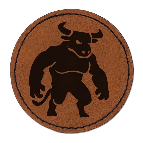 Minotaur Mythical Man Bull Creature Round Iron-On Engraved Faux Leather Patch Applique - 2.5 Inch - Brown