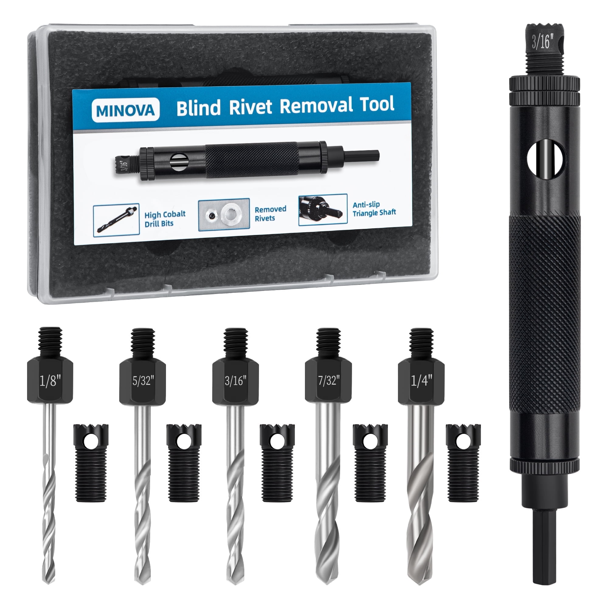 Minova Rivet Removal Tool, High Cobalt Rivet Removal Drill Bit, Suitable for Durable and high-Frequency use with Standard and Stainless Steel 1/8", 5/32", 3/16", 7/32",1/4" Rivets