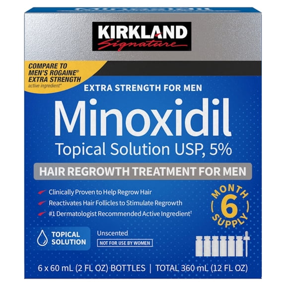 Kirkland Signature | Minoxidil 5% Hair Regrowth Treatment for Men | Topical Solution | Extra Strength | Dropper Included | 6 Months Suppl