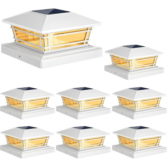 Minpea Solar Post Cap Lights Outdoor 8Pack [LED Bulb, 2 Brightness Setting] Fence Post Solar Lights Waterproof for 4x4 5x5 or 5.5x5.5 Wood Posts, Warm Bright Bulb Lighting for Garden Deck Yard White