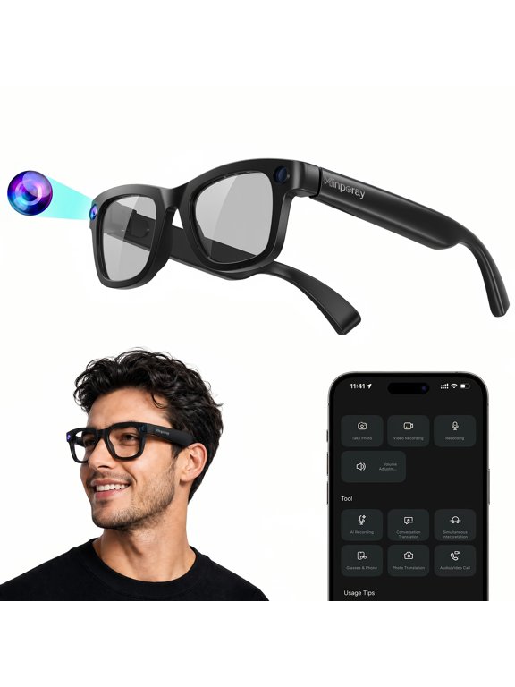AI Smart Glasses with Camera, 8MP HD Camera Glasses for Men, AI Recording Glasses with Voice Assistant, Open-Ear Audio, Real-Time Translation, Video Recording Sunglasses for Life & Work