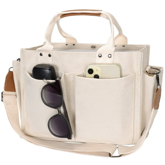 Minsong Canvas Tote Bag for Women With Pockets, Laptop Work Crossbody Purses Everything Shoulder Tote Bag Everyday Satchel Handbags White