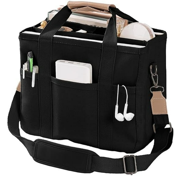 Minsong Canvas Tote Bag with Multi Pockets Crossbody Tote Bag for Women Bible Handbag Everything Tote Bags with Compartments Black