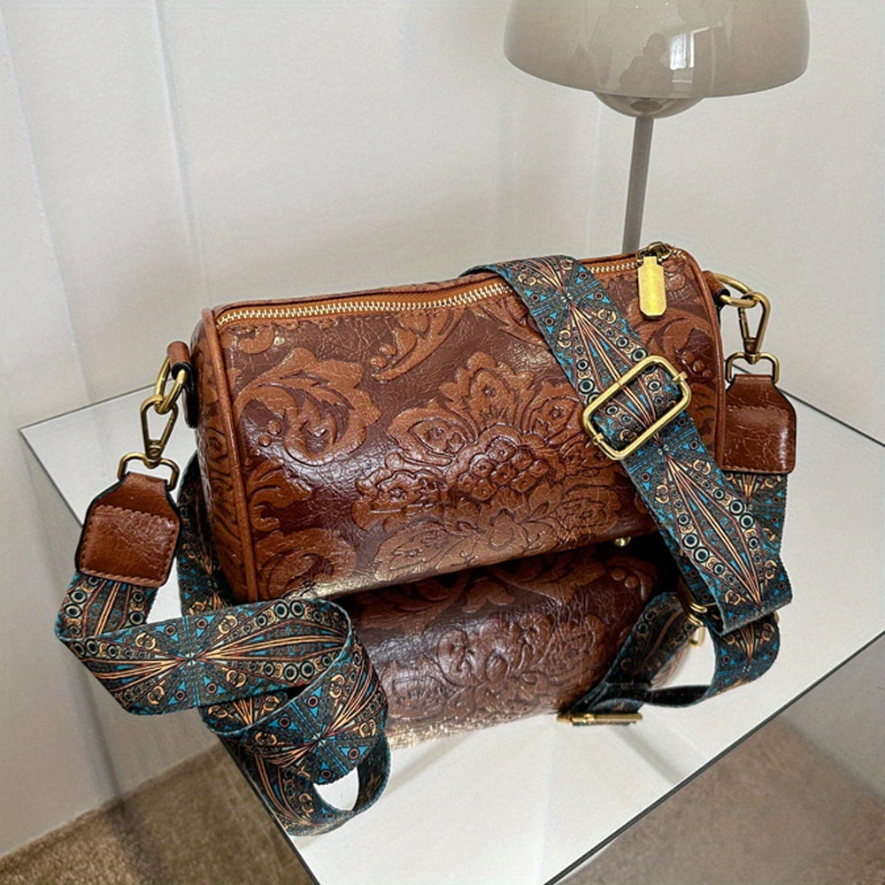 Minsong Vintage Flower Embossed Barrel Bag, Retro Shoulder Bag, Women's