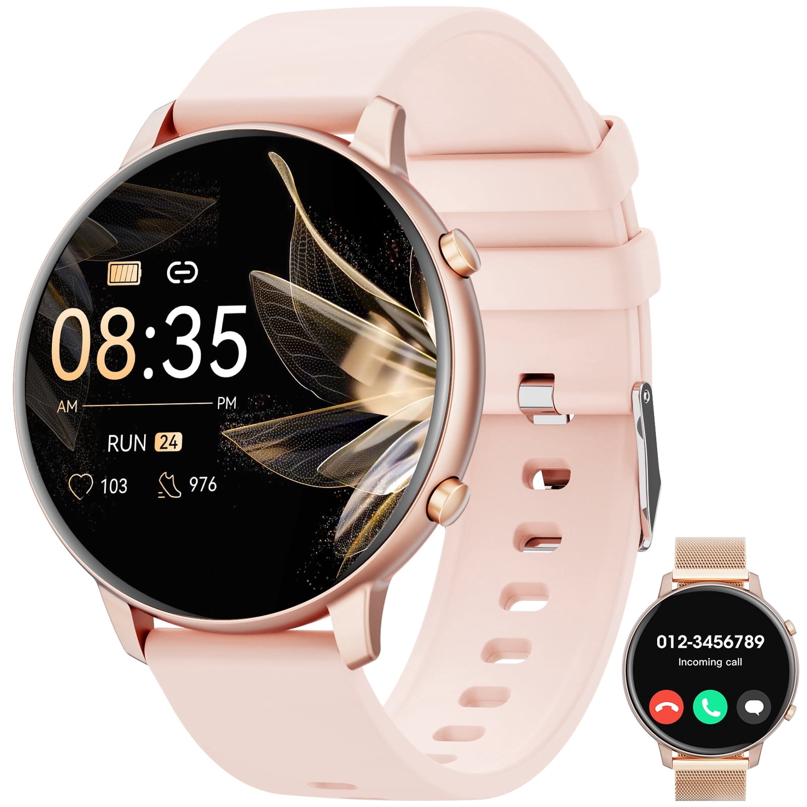 Minsxk AI Women Smart Watch 45MM, with Answer Make Call/IP68 waterproof/10 days standby, with Fitness Tracker,fits for Android iPhone Devices（Pink）