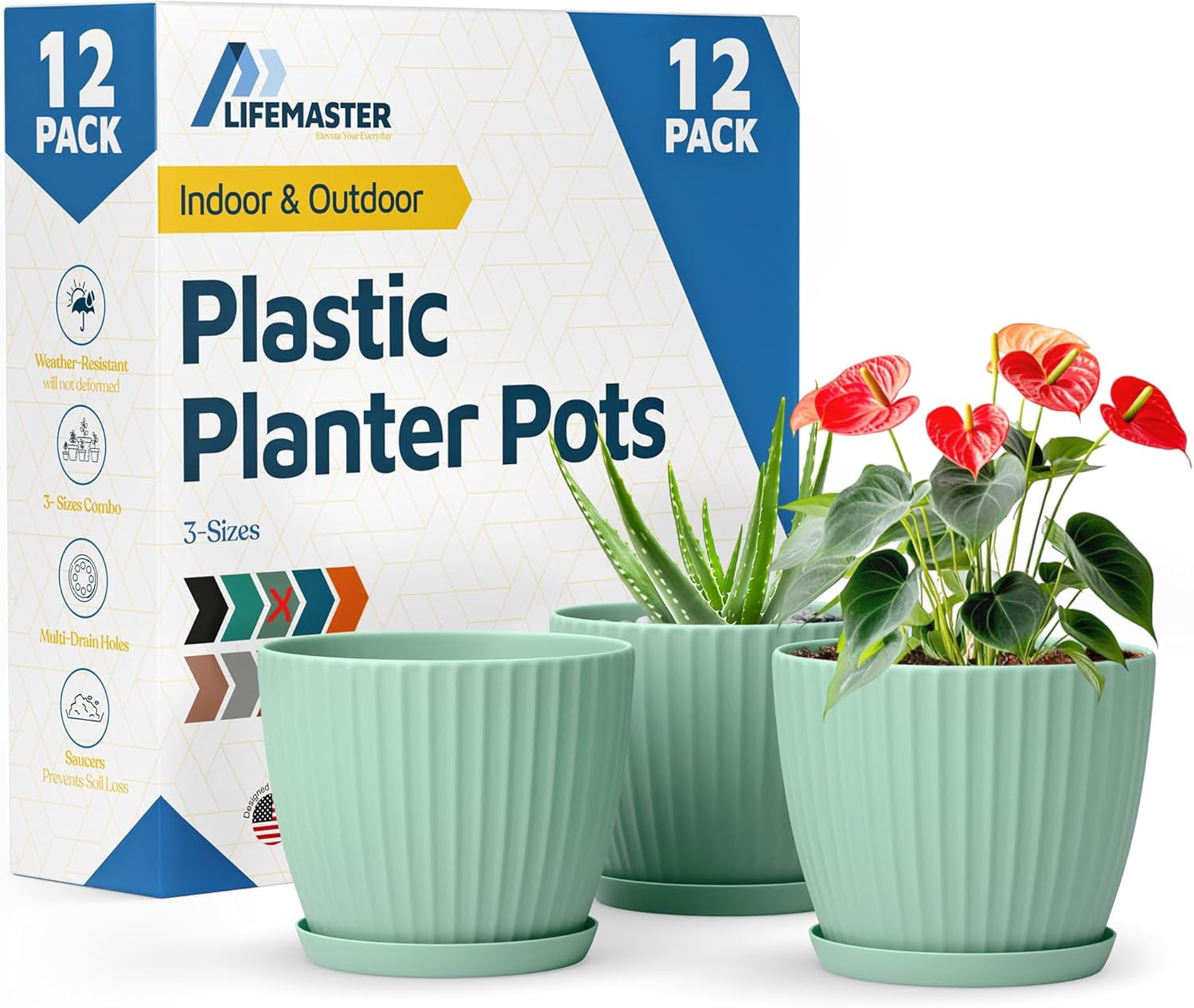 Mint 6-Inch Plant Pots with Drainage & Saucers 12 Pack, Indoor & Outdoor Planters for Houseplants, Herbs, and Flowers, Durable & Weatherproof Material, Stackable, Lightweight, Minimalist Design