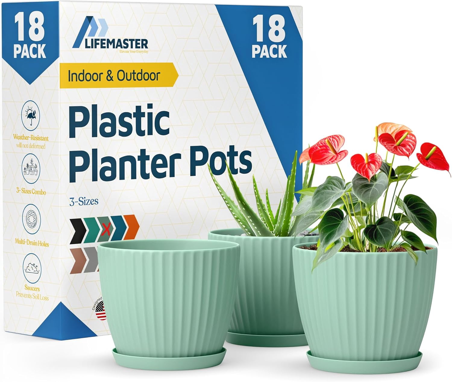 Mint 6-Inch Plant Pots with Drainage & Saucers 18 Pack, Indoor & Outdoor Planters for Houseplants, Herbs, and Flowers, Durable & Weatherproof Material, Stackable, Lightweight, Minimalist Design