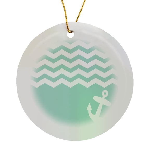 3drose, Mint and White Chevron with Nautical Anchor - Pastel Aqua Blue Zigzag Pattern - Sea Wave Zig Zags, Circle Porcelain Ornament