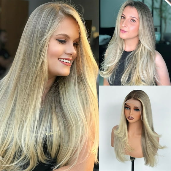 Mint Beige Blonde Ombre Highlight Lace Front Wigs Human Hair Pre Bleached Pre Plucked HD Transparent Lace Frontal Virgin Human Hair Wigs 180% Density Layered Cut Style Wig Human Hair With Baby Hair