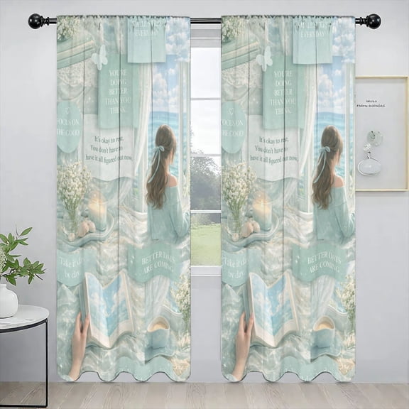 Mint Blue Coastal Calming Affirmation Custom Window Curtains 52 x 84 Inch Set of 2 Panels