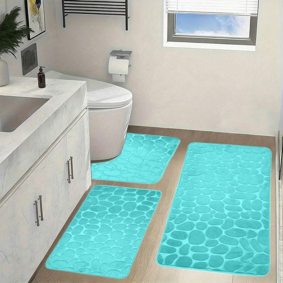 Mint Blue Cobblestone Bath Mat Set, Memory Foam Non-Slip Absorbent Floor Mats, Washable Quick Dry Bathroom Rugs