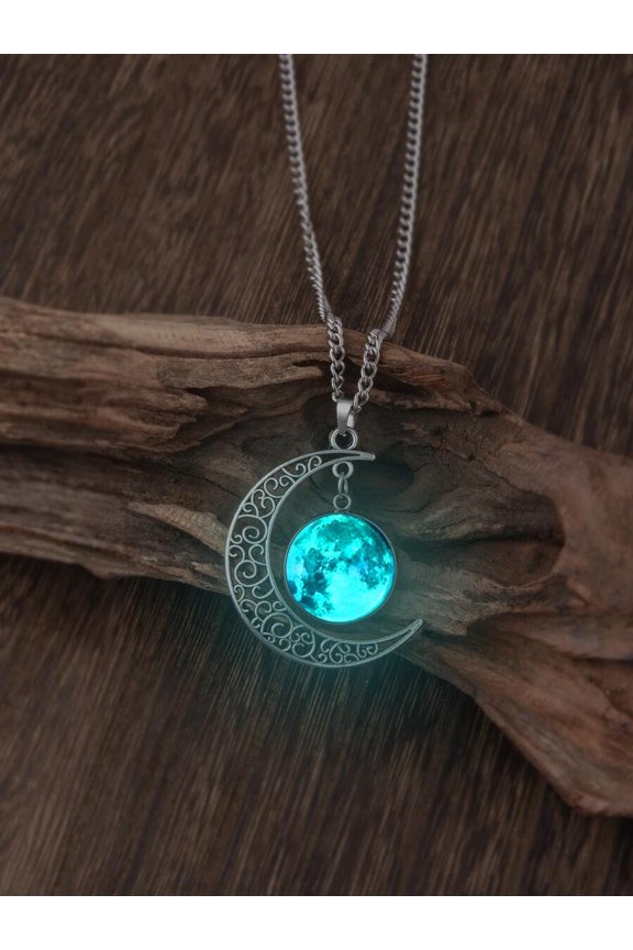 Mint Blue Moon Pendant Necklace With Filigree Crescent Frame