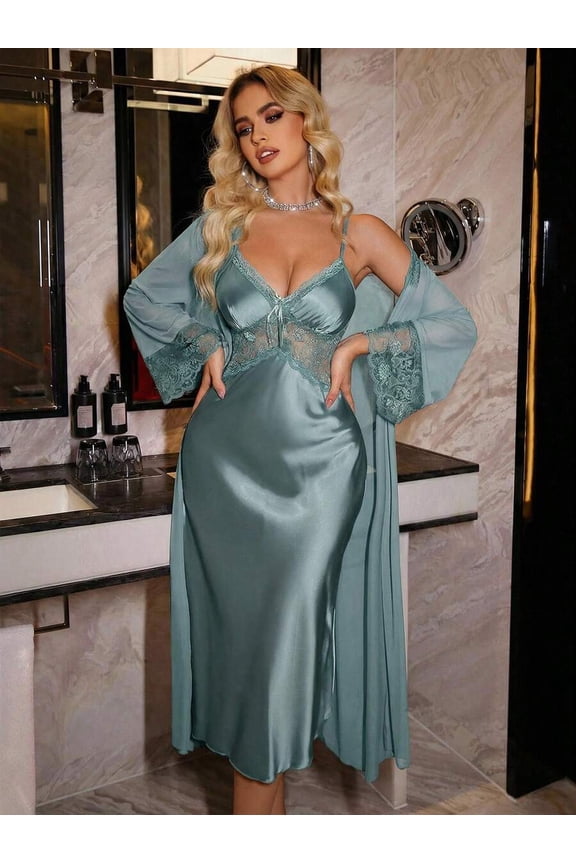 Mint Blue Satin Lace Boudoir Robe Set With Sheer Bell Sleeve Kimono Cover-Up For Women