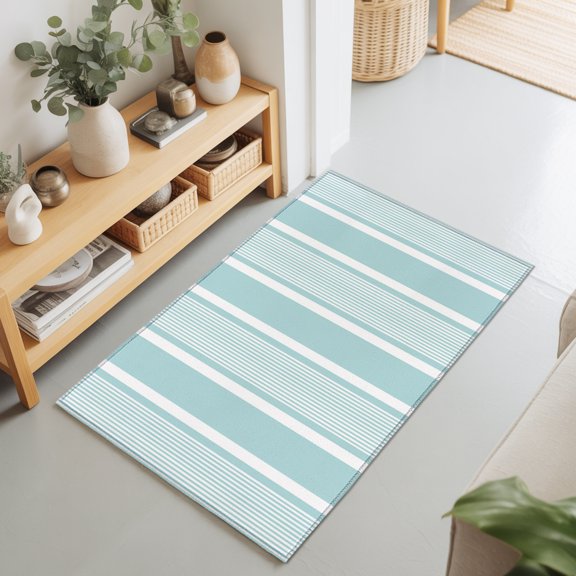 Mint Blue White Stripes 2'x3' Rug for Entryway Front Door Kitchen Sink Area, Lines Modern Vertical Stripes Low Pile Washable Non Slip Rectangle Area Rug