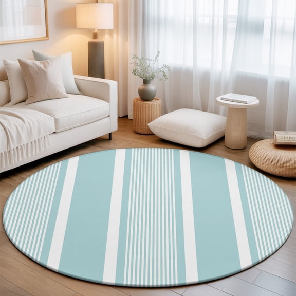 Mint Blue White Stripes 3.3' Round Rug for Bedroom Reading Corner, Lines Modern Vertical Stripes Washable Non Slip Circle Area Rug