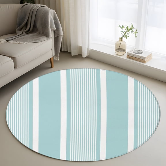 Mint Blue White Stripes 3FT Round Area Rugs Lines Modern Vertical Stripes Soft Small Round Rug Non-Slip, Ultra-Thin Indoor Circle Carpet for Bedroom Entryway Kitchen Bathroom