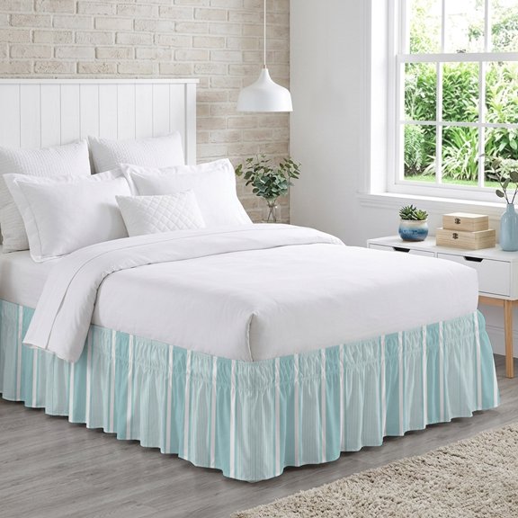 Mint Blue White Stripes Bed Skirt Queen Size 16 Inch Drop, Lines Modern Vertical Stripes Adjustable Elastic Dust Ruffles Bedskirt for Queen Bed Wrap Around Pleated Mattress Frame Cover