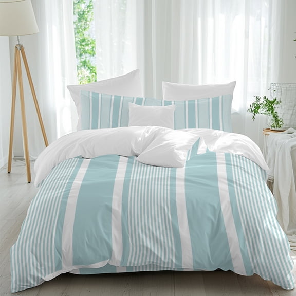 Mint Blue White Stripes Comforter Set Twin Size, Lines Modern Vertical Stripes Soft Bedding Set for Man Woman, 4 Pieces Duvet Cover Set with Fitted Sheet, 2 Pillowcases