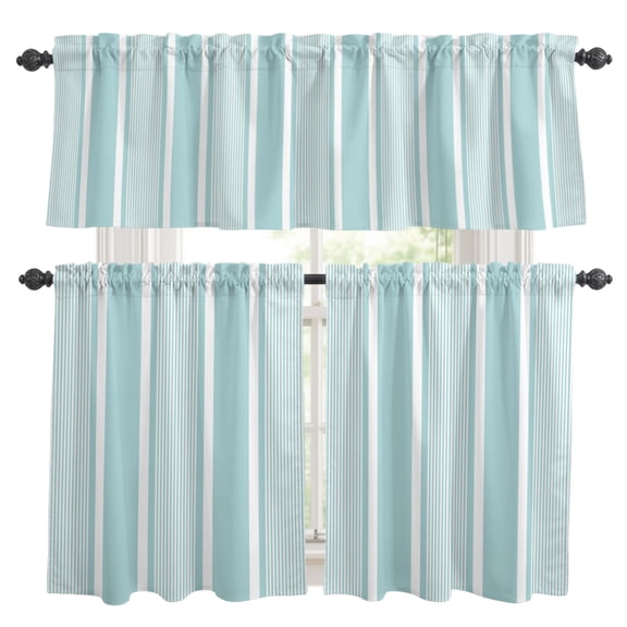 Mint Blue White Stripes Kitchen Curtains Set for Windows, Lines Modern Vertical Stripes Curtains Valance and Tier 3 Piece Set Small Drapes 24 Inch Length for Kitchen Bedroom Decor