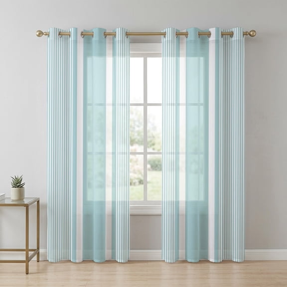 Mint Blue White Stripes Sheer Curtains 63 Inch Long 2 Panels, Lines Modern Vertical Stripes Light Filtering Semi Sheer Drapes Grommet Voile Window Curtain for Living Bedroom W42 x L63