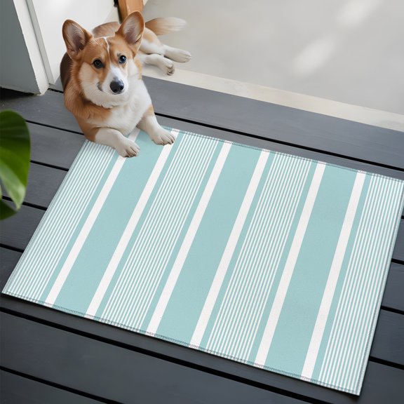 Mint Blue White Stripes Washable Entry Rug 2x3 Lines Modern Vertical Stripes Low Pile Indoor Door Mat with Rubber Backing Thin Area Rug for for Entrance, Bedroom, Kitchen, Laundry, Bathroom