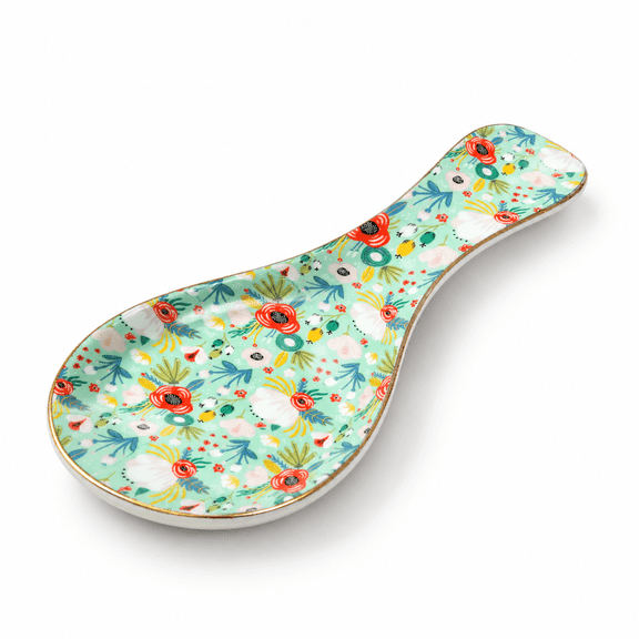 Mint Ceramic Spoon Rest, Large Farmhouse Floral Print Kitchen Utensil Holder for Stove Top