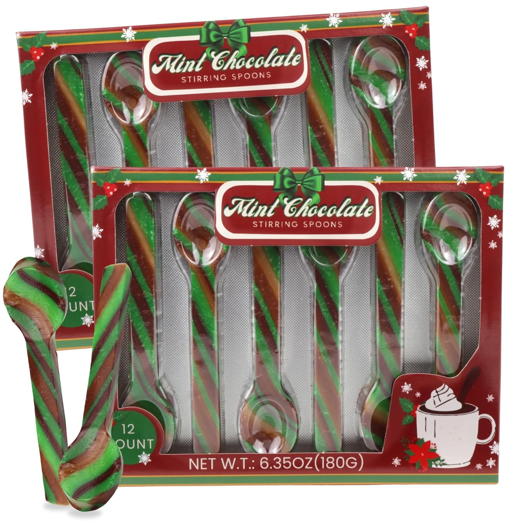 Mint Chocolate Candy Spoons, Christmas Hot Chocolate Stirrers, Pack of 2, 24 Count, 6.35 Ounces per Box