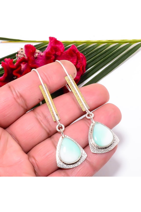 Mint Chrysoprase - Australia 925 Sterling Silver Two Tone Earring 2.54" Sku52, Mint Green Earring, Natural Gemstone Earring