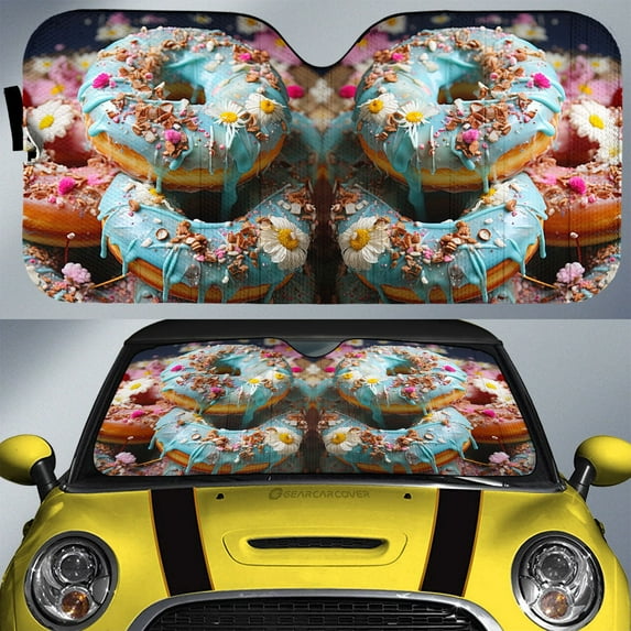 Mint Donuts Mix Flowers Car Sunshade Custom Girly Pattern Car Accessories, Car Windshield, Auto Sun Shades