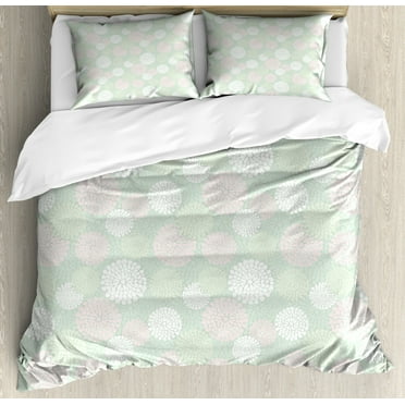 Mint Duvet Cover Set King Size, Dahlia Flowers in Pastel Tones Spring Blooms Theme Floral Pattern, Decorative 3 Piece Bedding Set with 2 Pillow Shams, Almond Green White Pale Pink, by Ambesonne