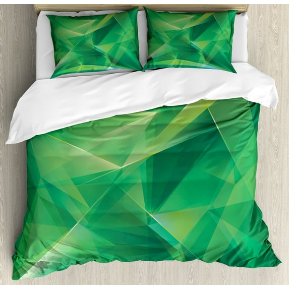 Mint Duvet Cover Set, Psychedelic Geometric Crystal Pattern with Cosmic Digital Boho Print, Decorative 3 Piece Bedding Set with 2 Pillow Shams, Calking Size, Jade and Lime Green, by Ambesonne