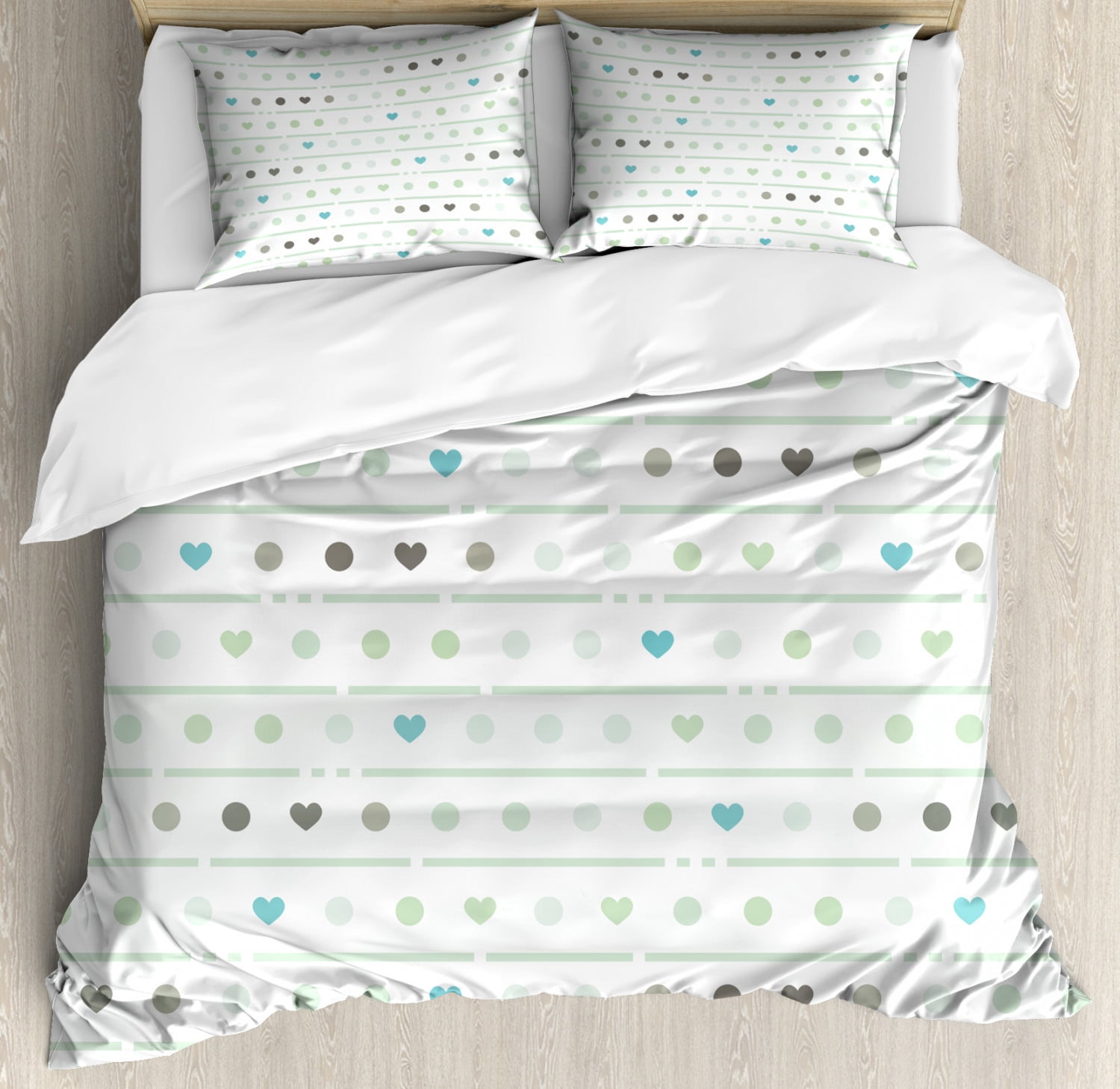 Mint Duvet Cover Set, Polka Dots Hearts and Stripes Pattern Valentines