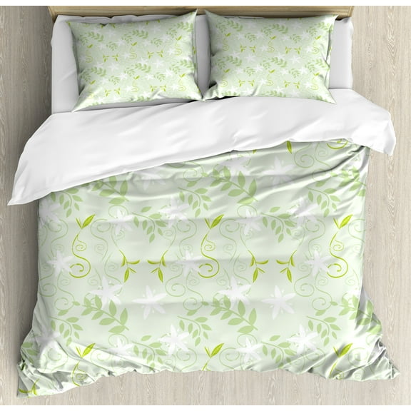 Mint Duvet Cover Set, Swirling Floral Branches with Leaves and Flower Florets Nature Print, Decorative 3 Piece Bedding Set with 2 Pillow Shams, Queen Size, Fern Green White, by Ambesonne