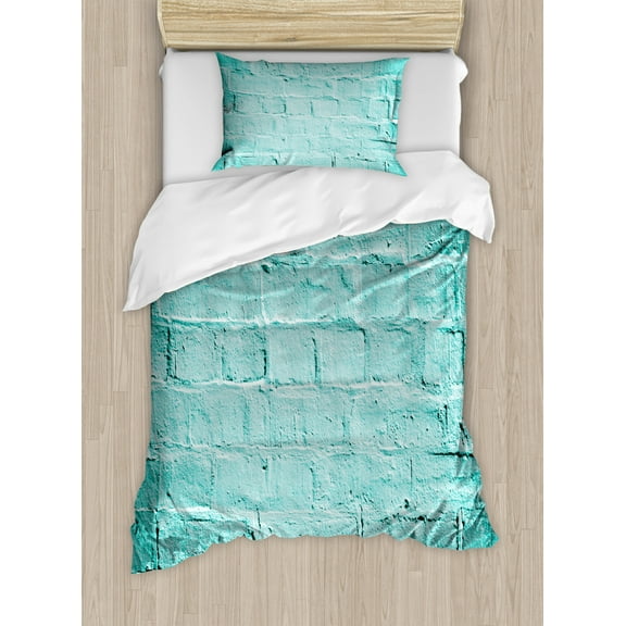 Mint Duvet Cover Set Twin Size, Brick Old Wall Background in Vibrant Tones Architecture Urban Building Artsy Picture, Decorative 2 Piece Bedding Set with 1 Pillow Sham, Turquoise, by Ambesonne