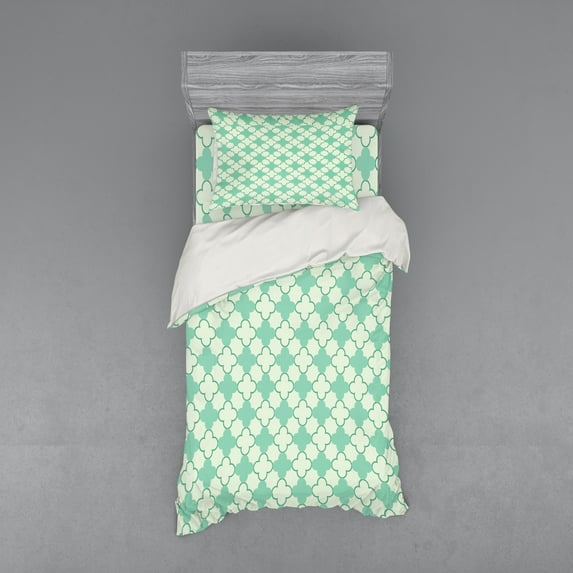 Mint Duvet Cover Set, Victorian Style Old Fashioned Floral Motifs Nature Theme Pattern Feminine, Bedding Set with Shams and Fitted Sheet, 3 Sizes, by Ambesonne