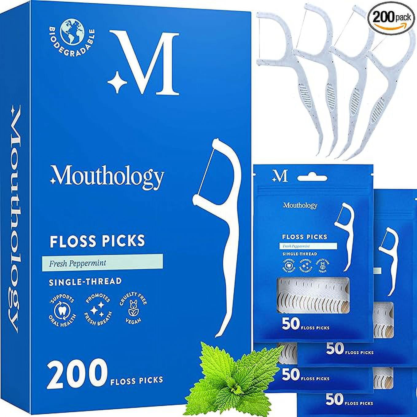 Mint Flavored Dental Floss Picks - Planet-Friendly Wheat Straw Tooth Flossers for Dental Hygiene and Gum Health, Reusable Compostable Travel Floss Picks for Adults and Kids (200 Count)