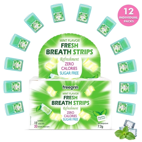 Freegrin Cool Mint Breath Strips, Quick Dissolving Sugar Free, Portable Pocket-Sized Oral Care Strips for On-the-Go Use, 12 Packs (20 Strips Each)