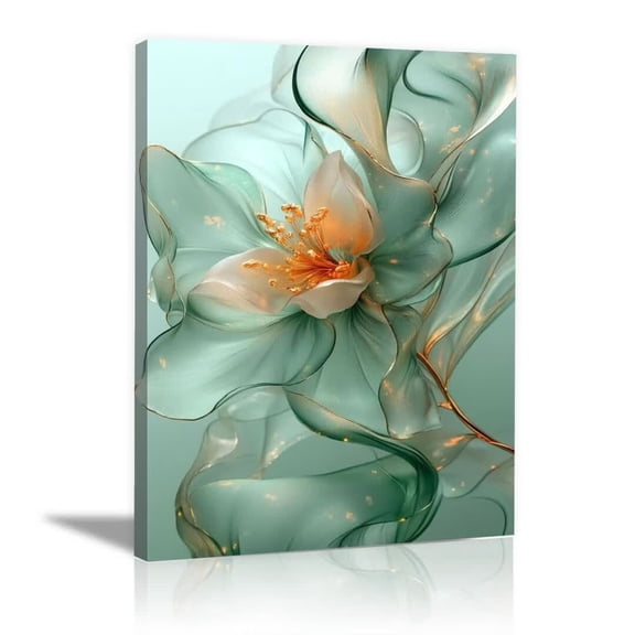 Mint Gold Sheer Flower Canvas Wall Art,Abstract Floral Paintings for Bathroom Bedroom Framed Ready to Hang - 12"L x 8"W