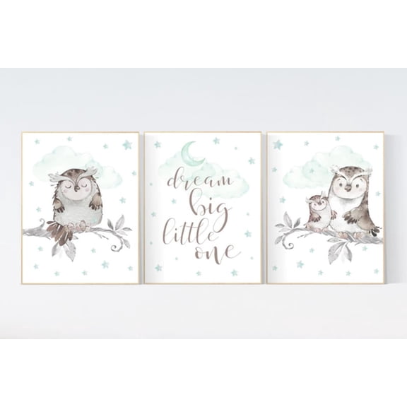 Mint Gray Owl Nursery Poster Gender Neutral Baby Room Wall Art Decor, Stretched Canvas