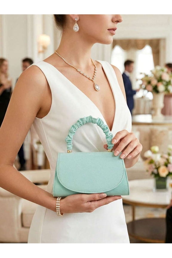 Mint Green-2 Pleated Handle Clutch Evening Handbag, Suede-Like Texture