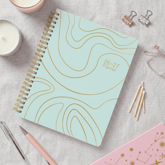 Mint Green 2026-2027 Academic Planner, Weekly & Monthly Agenda Book with Gold Swirl Cover, for Class Schedules, Study Plans, office Tasks and Meeting Notes