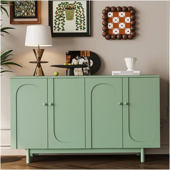 Mint Green 4-Door Storage Cabinet with Intaglio Design, Pine Wood Legs, and Adjustable Shelf for Living Room, Kitchen, Bedroom